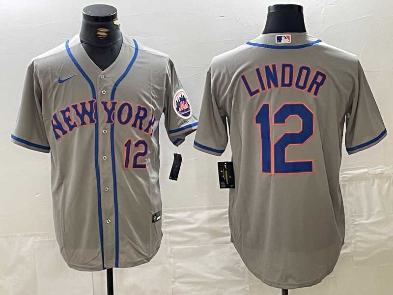 Men%27s New York Mets #12 Francisco Lindor Number Grey Stitched Cool Base Nike Jersey